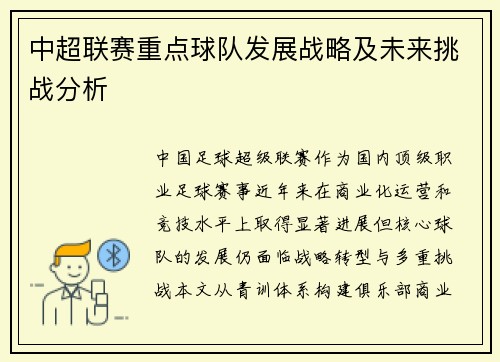 中超联赛重点球队发展战略及未来挑战分析